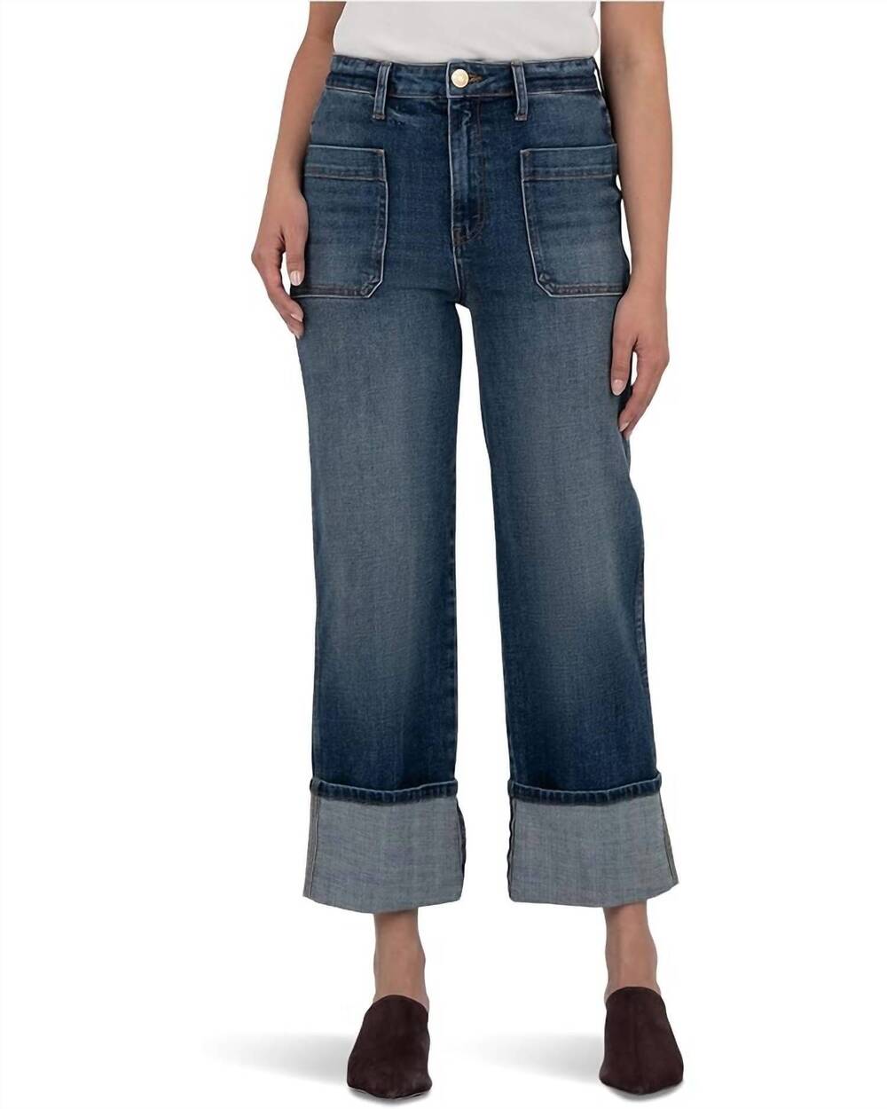 NEW KUT FROM THE KLOTH sienna high rise straight leg-roll up patch pocket jeans